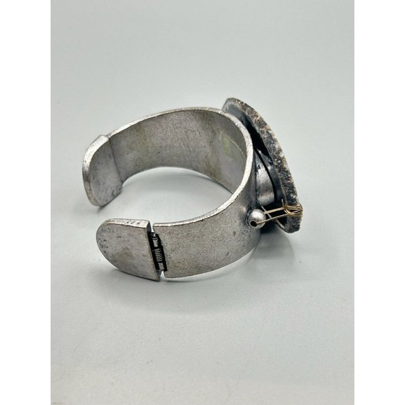 Unusual Black Stone Slab Cuff Bracelet Silver Tone Hinged Side Statement Cuff - Picture 6 of 11